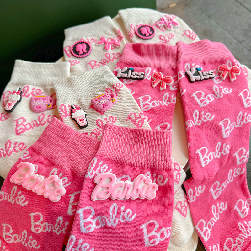 New Ins Trendy Black and White Full Print Super Beautiful Pink Barbie Letter Socks Sports Mid-Socks Cotton Women New Ins Trendy Black and White Full Print Super Beautiful Pink Barbie Letter Socks Sports Mid-Socks Cotton Women