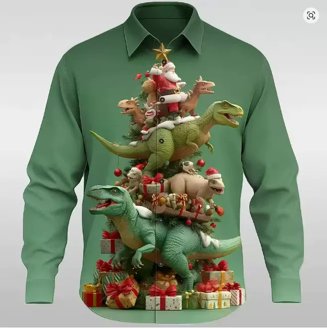 男士长袖衬衫圣诞老人圣诞衬衫恐龙圣诞树街头服饰舒适休闲衬衫