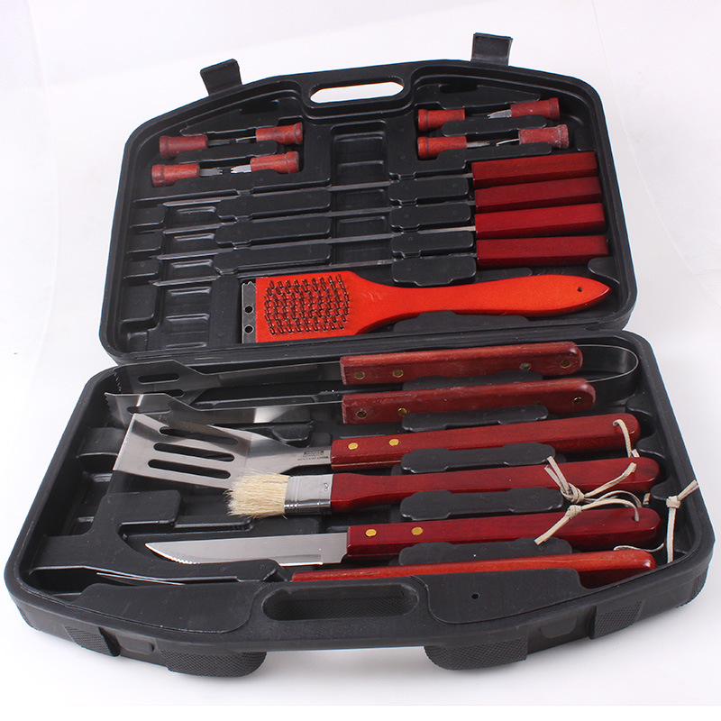 [Fuente de fábrica] Juego de parrilla de barbacoa de acero inoxidable caja de plástico mango de madera de 18 piezas herramienta de barbacoa mango de madera palo de barbacoa