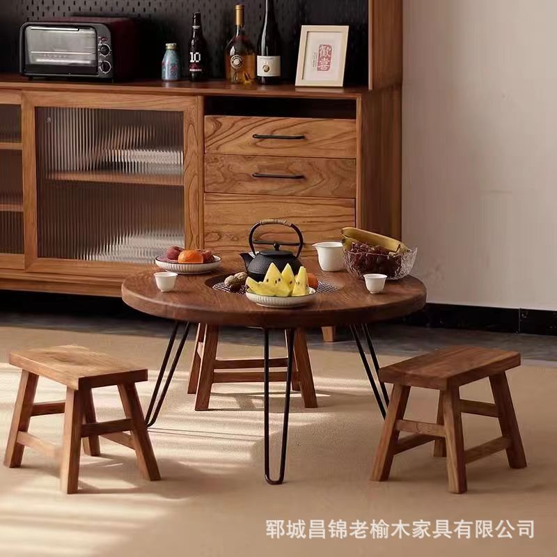 老楡木囲炉煮茶卓実木茶卓テーブル椅子冬炭火焼きテーブル円形折り畳み火鍋テーブル|undefined