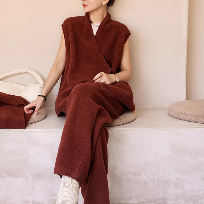 2025 Autumn and Winter Wool Cotton Super Soft Polar Fleece Fluffy Q-Elastic Chinese Vest Elastic Waist Straight Pants Suit