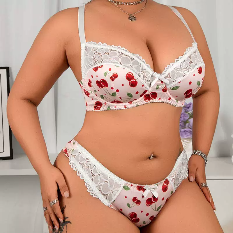 跨境爆款欧美性感樱桃内衣女聚拢显大无钢圈纯欲风性感文胸套装