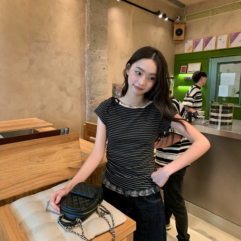 Hello Kanon, Design Lace Striped Short-Sleeve T-Shirt for Women, Summer Korean Style, Dual-Wear Collar, Slim Fit, Flattering Top