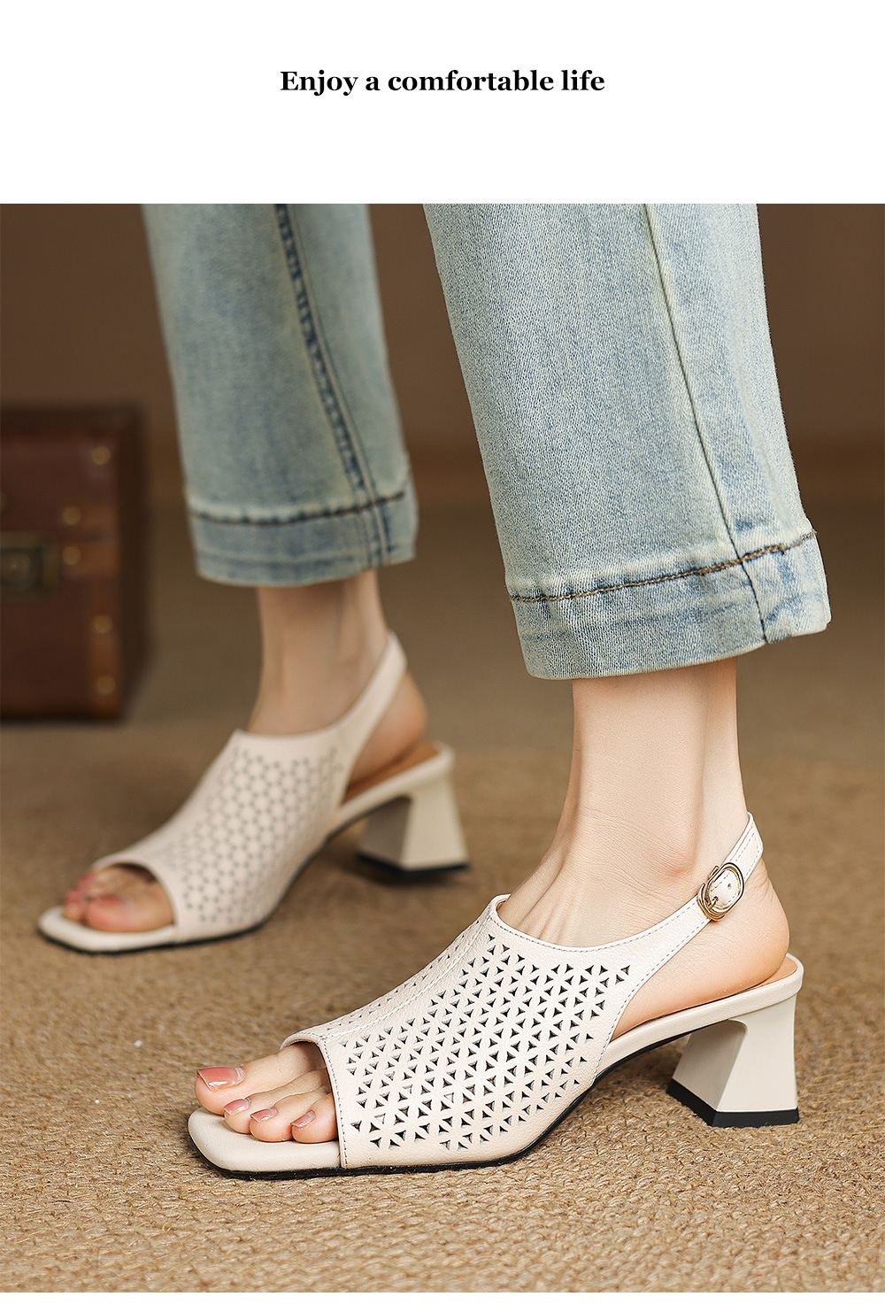 Sandal cao gót nữ hở mũi quai ngang đục lỗ da bò, gót 7 cm — Gạo trắng và cao 7 cm chi tiết 9