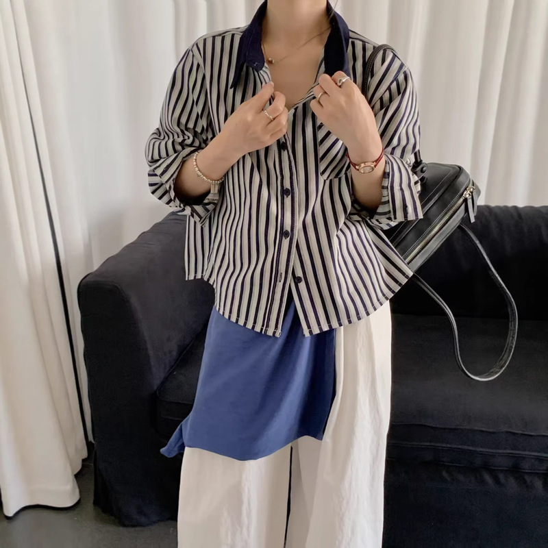 Striped Shirt 2026 Spring New Fashion Denim Collar Patchwork Petite Shirt Top Women's Clothing 1125 Striped Shirt 2026 Spring New Fashion Denim Collar Patchwork Petite Shirt Top Women's Clothing 1125
