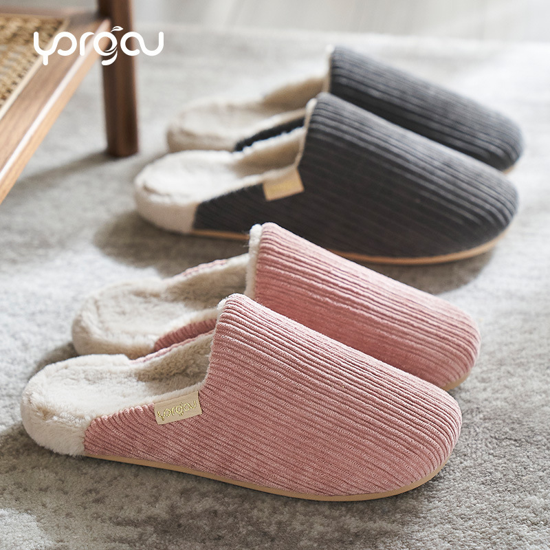 Yuangang corduroy cotton slippers home warm indoor non-slip couples home plush slippers winter wholesale
