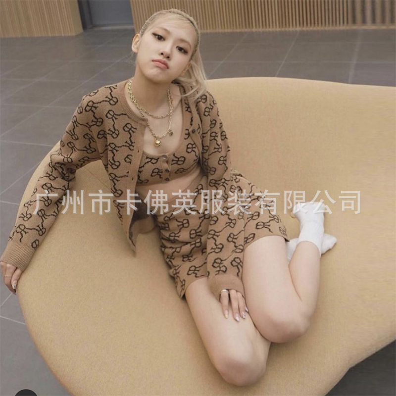 ins Autumn and Winter New Spice Girl Retro Old Flower Korean Fashion Brand Park Caiying Same Style Sling Knitted Long Sleeve Jacket Set ins Autumn and Winter New Spice Girl Retro Old Flower Korean Fashion Brand Park Caiying Same Style Sling Knitted Long Sleeve Jacket Set