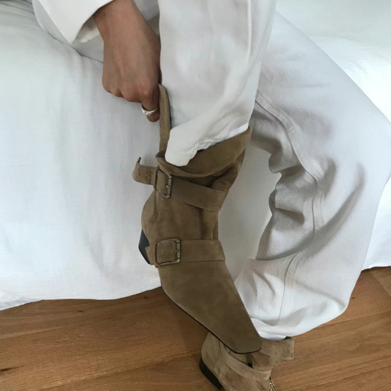 牛皮版~韩版小众街拍走秀方头西部牛仔靴女粗跟真皮短靴时装女靴|undefined