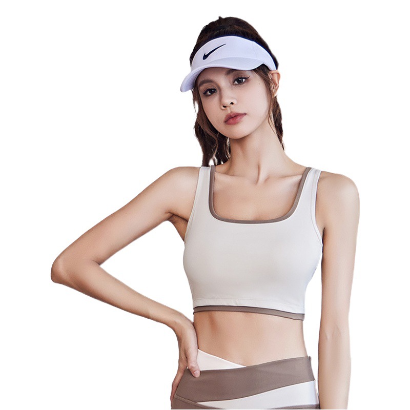 Sujetador deportivo Juyitang de alta elasticidad con bloques de color, con ribete, efecto push-up, realce para busto grande, reducción de senos laterales, sujetador de yoga a prueba de golpes