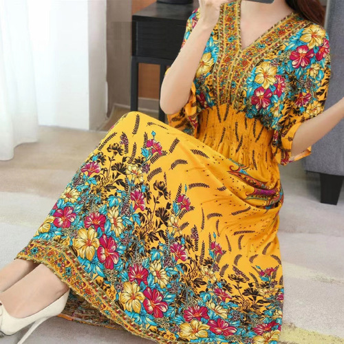 Ethnic style V-neck cotton silk short-sleeved French Thai style floral dress women's summer printed pastoral style skirt for vacation