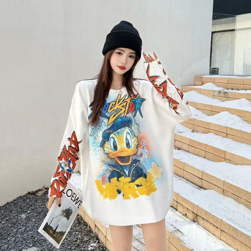 European Trendy Fashion Autumn and Winter New Rhinestone Heavy Cartoon Round Neck Loose Sweater Women's Lazy Style Top