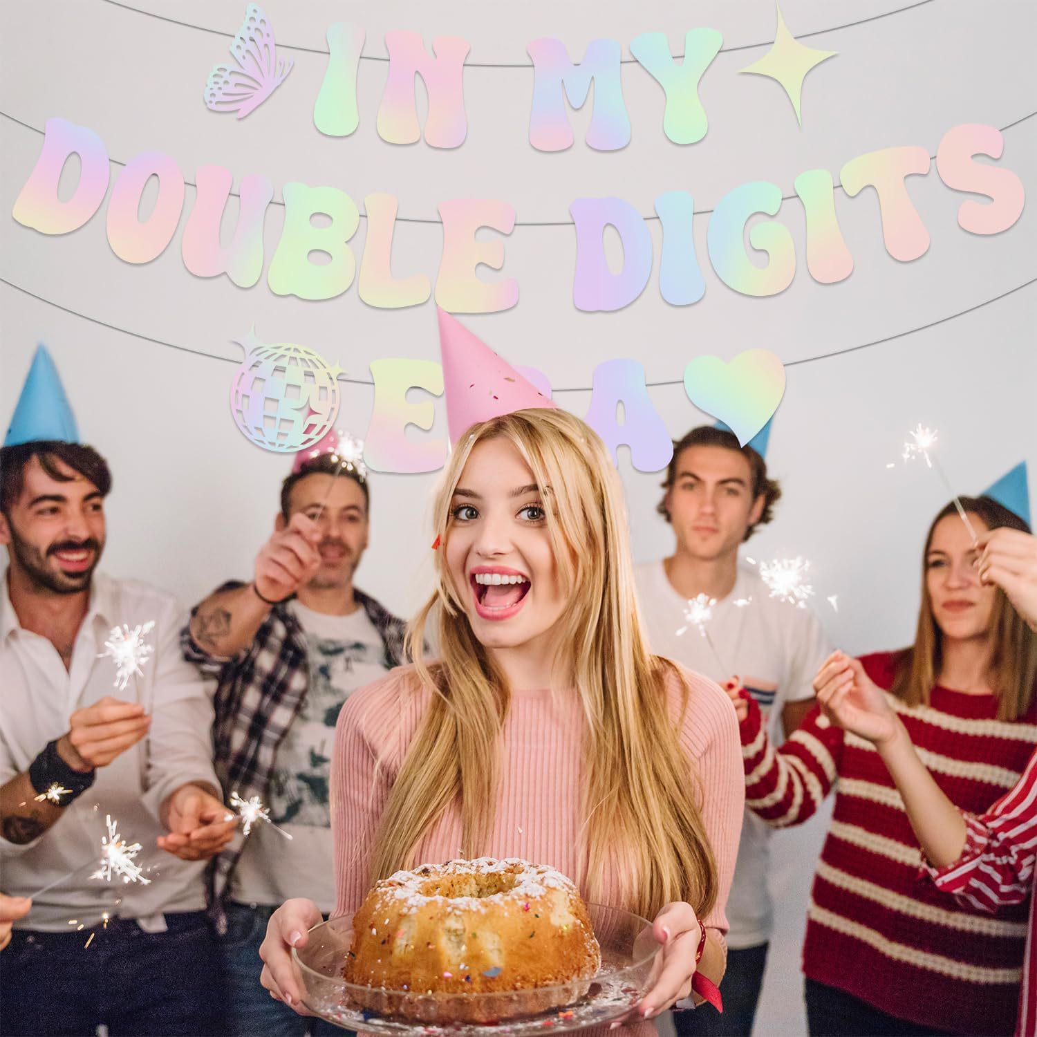 Cross-border In My Double Digits Era Bandera en polvo brillante fantasía colorida niña banner decoración de cumpleaños