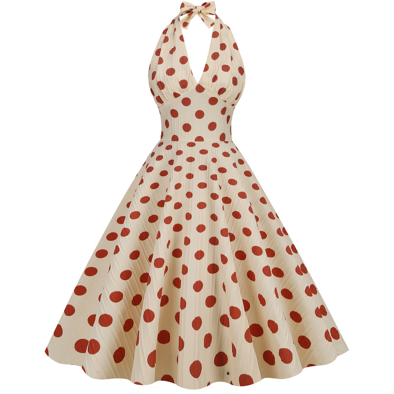 Vintage Hepburn Style High Waist Polka Dot Holiday Banquet Dress with Halter and Backless Sexy Large Swing Mid-Length Dress for Women