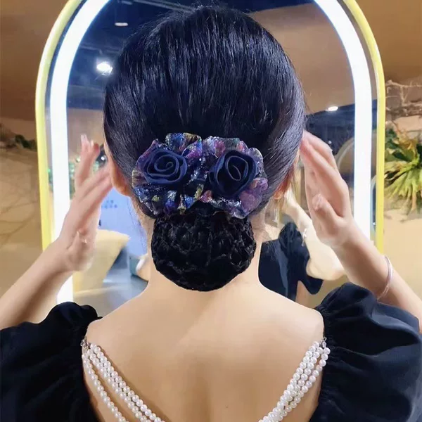 Rose Double Flower Hair Net Hairpin Silk Yarn Simple Mesh Head Flower Top Clip Hair Accessory High-End Hairpin Mom Elegant Jewelry