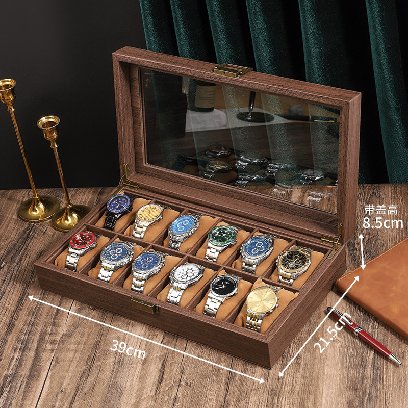 나뭇결 가죽 12비트 시계 상자(내부에 부드러운 베개 포함)