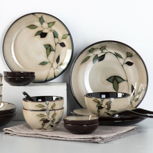 玉泉陶瓷竹叶碗盘子组合餐具家用复古日式釉下彩个性创意面碗汤碗