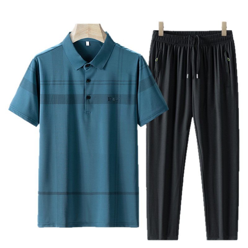 Traje casual de verano pantalones de manga corta para hombre 2025 nueva camisa POLO con sensación de hielo traje de dos piezas para papá de secado rápido para hombre