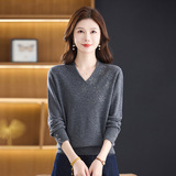 新款秋冬羊毛衫时尚v领羊毛毛衣洋气中年妈妈针织衫100%绵羊毛，女装针织衫/毛衣，妃慕昵服饰