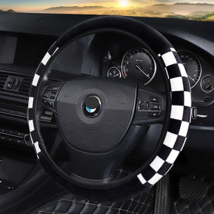 Cross-border chessboard Plaid plush car steering wheel cover square Plaid no inner ring elastic winter sports warm handle cover