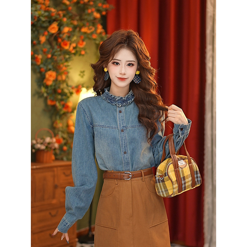 Dayuansad Zhang Jiayuan Petal Collar Denim Shirt Jacket Women's Spring Long-Sleeved Shirt # K10368