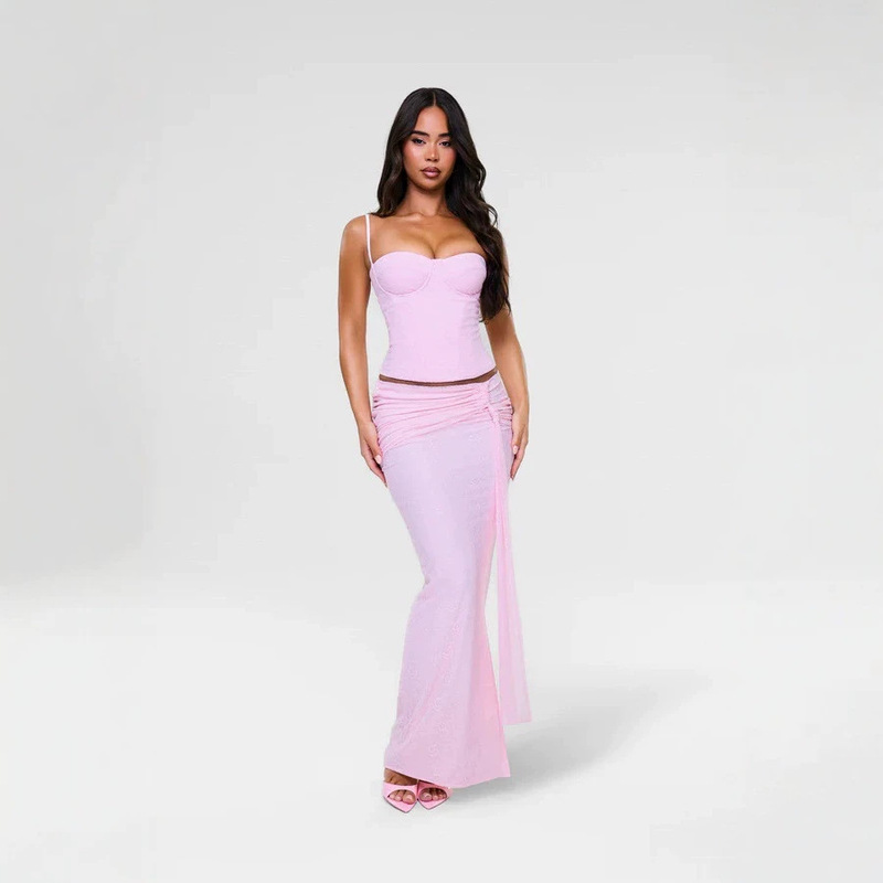 Trendy Textured Lace Dress Set with Thin Straps, Shapewear Waist-Cinching Top, Side-Tie Ruched Long Mermaid Skirt Trendy Textured Lace Dress Set with Thin Straps, Shapewear Waist-Cinching Top, Side-Tie Ruched Long Mermaid Skirt
