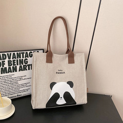 熊貓帆布單肩包包女字母大容量托特包卡通可愛外手提購物袋跨境