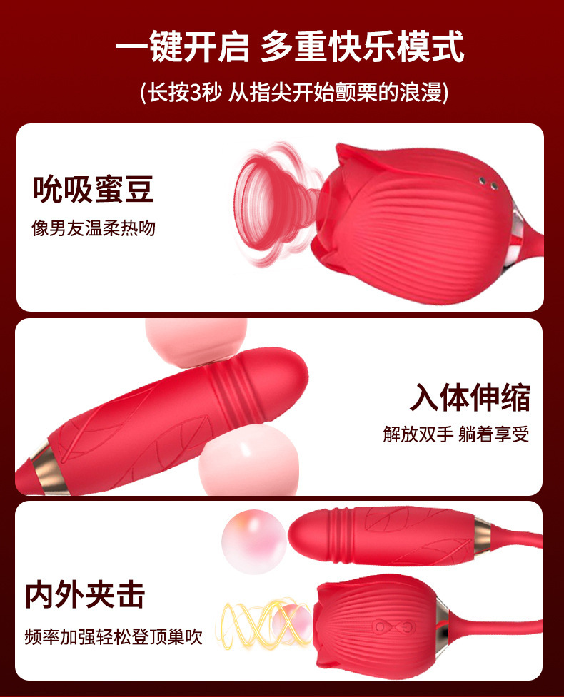 Rose Suction Vibrating Egg with Tongue Licking and Telescopic Motion, Silicone, Pink — detail image 4