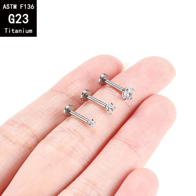 G23 Titanium Four-Claw Inlaid Zircon Inner Tooth Lip Nail Internal Thread Ear Stud, 1.2mm x 14mm, 8mm Top detail image 10