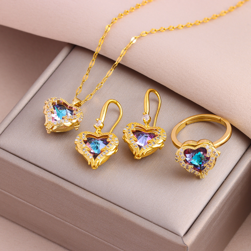 Ensemble de boucles d'oreilles et bague en forme de cœur coloré et populaire, plaqué or K, chaîne de clavicule, accessoires_voghion.com