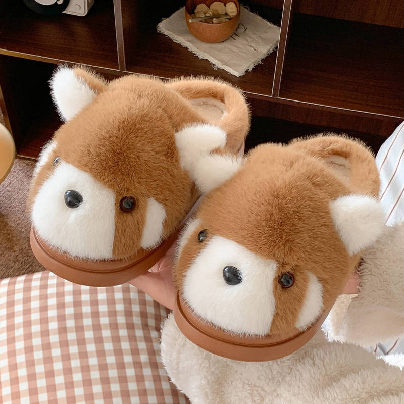 Cute Little Panda Plush Cotton Slippers for Women, Winter 3D Cartoon Thick-Soled Fleece-Lined Warm Home Furry Slippers