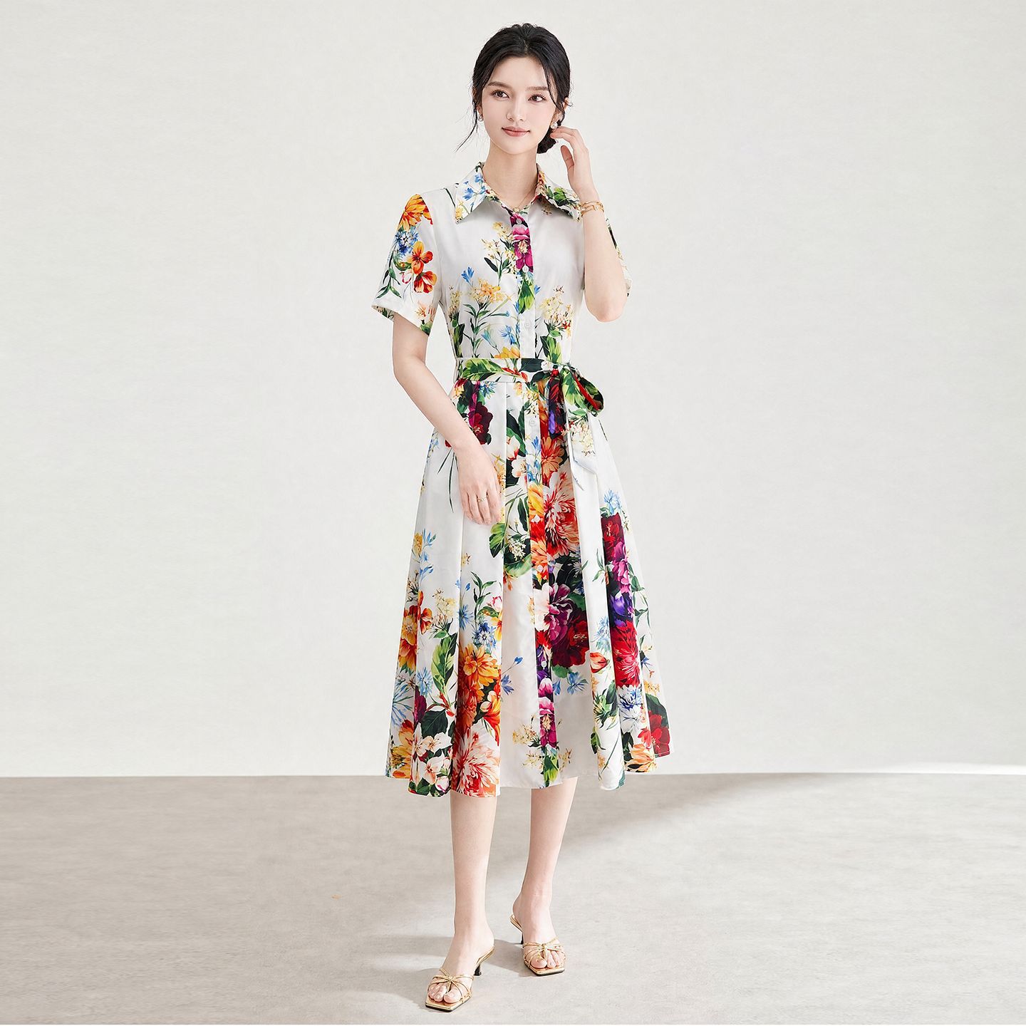 Đầm maxi nữ thắt eo cổ ve in họa tiết hoa phong cách Pháp — màu trắng
