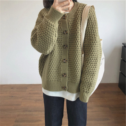 Vintage Crew Neck Sweater Cardigan Women's 2025 Autumn/Winter New Style Casual Soft and Gentle Knitted Sweater Coat