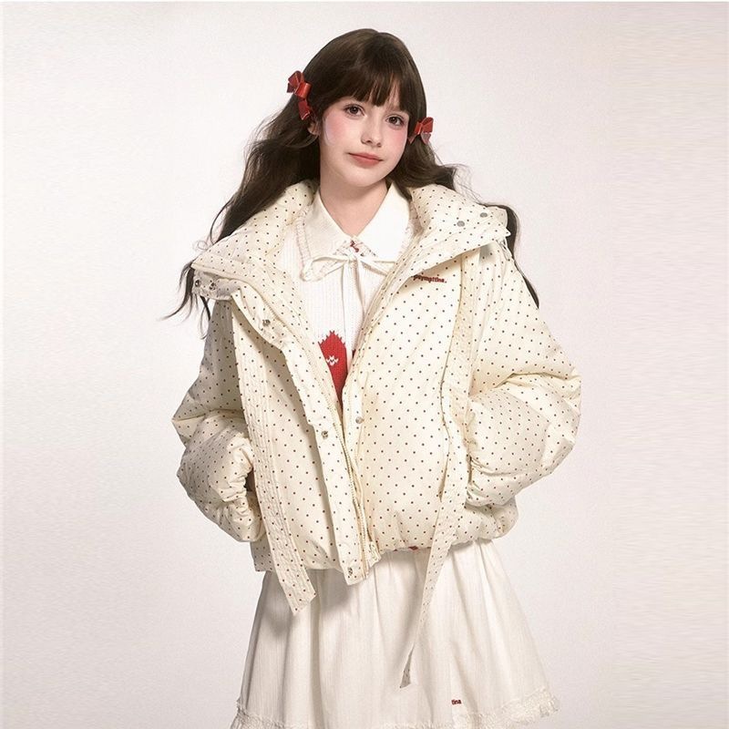 甜美蝴蝶结波点连帽棉衣外套冬季新款保暖加厚面包服棉服女短款潮|undefined