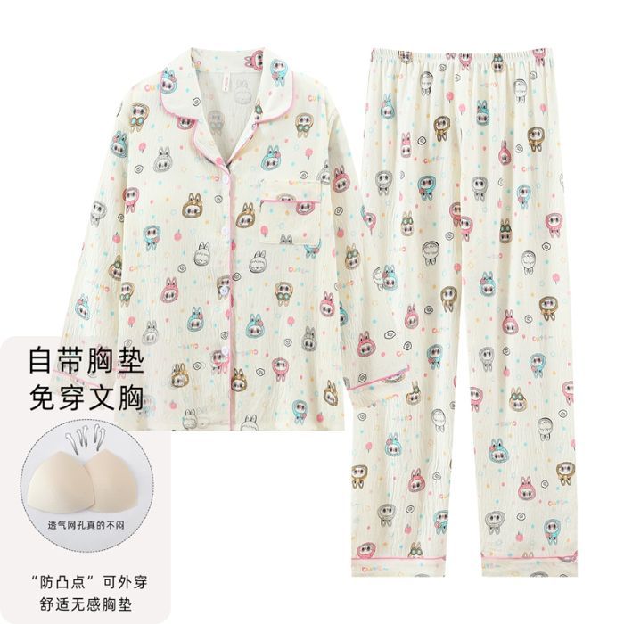 Nube de algodón pijama de primavera y otoño dulce dibujos animados con cojín de pecho cardigan de manga larga pantalones largos dos piezas de ropa de hogar