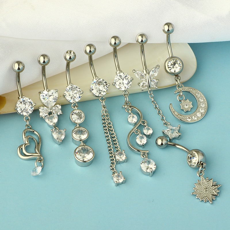 Stainless Steel Belly Button Ring Set - 8 Piece Butterfly Star Dangle Umbilical Jewelry Gold detail image 9