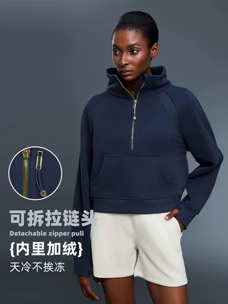 High-Neck Half-Zip Pullover Casual Loose Fleece-Lined Warm Sports Sweatshirt Jacket for Women Short Style D25131