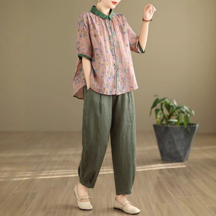 Middle-Aged and Elderly Mother's Shirt Cotton and Linen Korean Style Large Size Retro Ethnic Style Two-Piece Summer Ramie Suit for Women