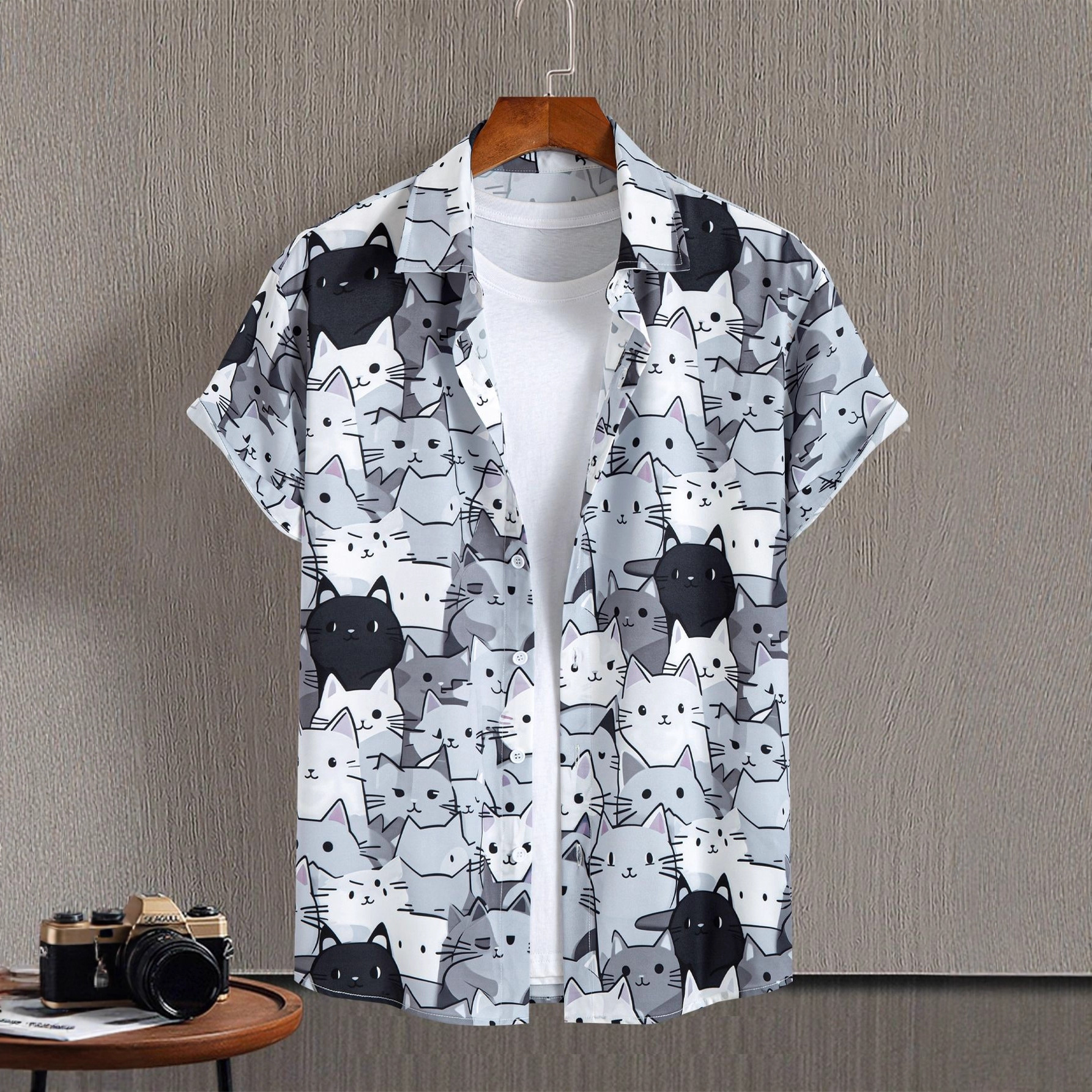 Foreign Trade Men's Short-Sleeved Shirts Cute Kitten Print Cross-Border Youth Shirts Men's Wholesale