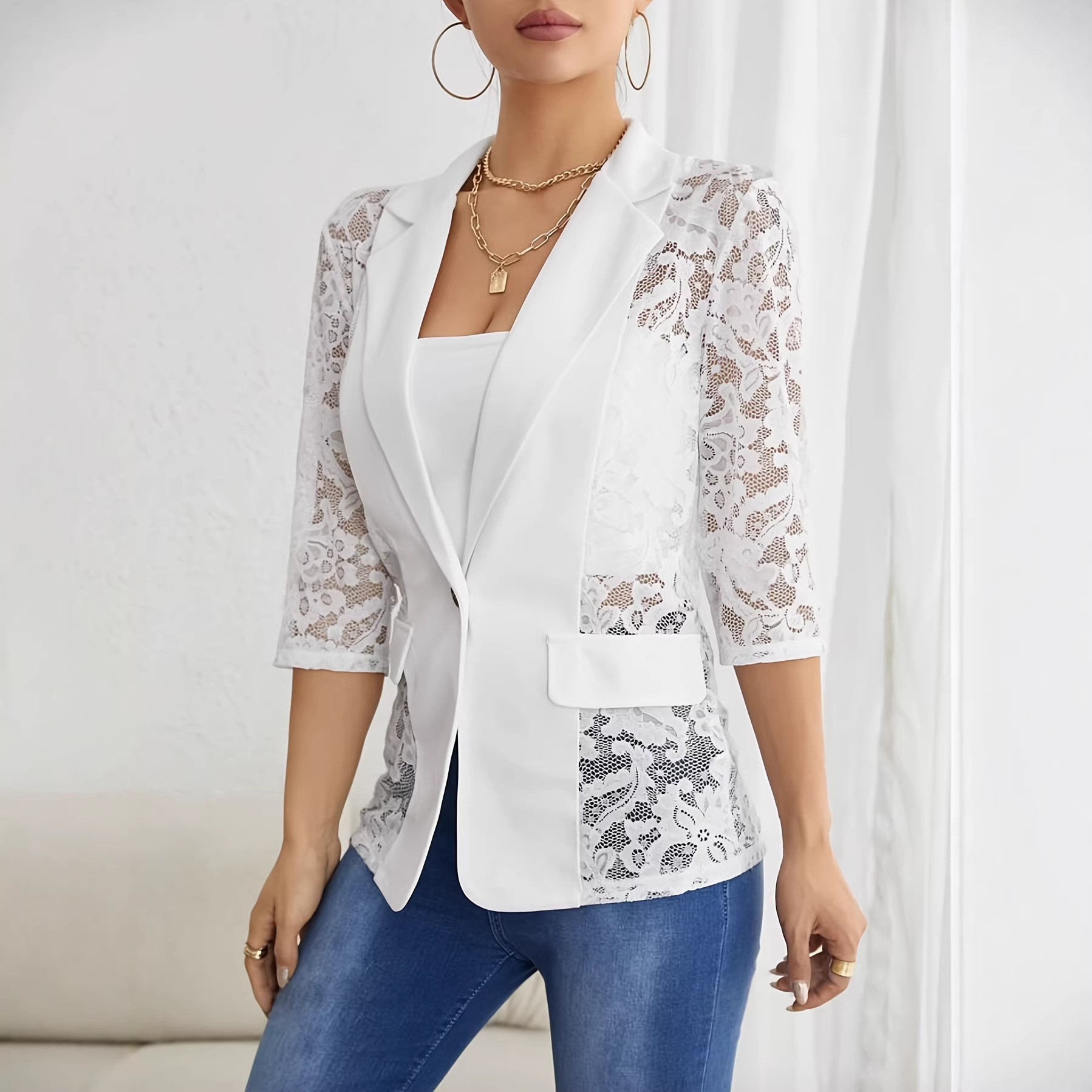 Elegant Lace Patchwork Blazer For Women Solid Colour Suit Jacket_voghion.com