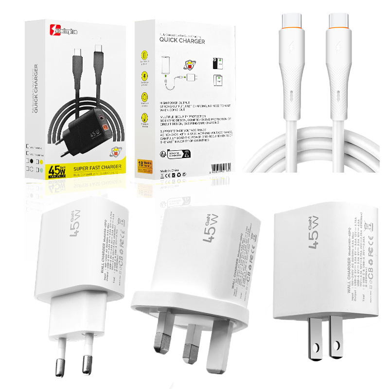 Cross-Border 45W Fast Charging Travel Pd Charger with Uk/Us/Eu/Uk Standards, Pd 45W Fast Charger with Cable