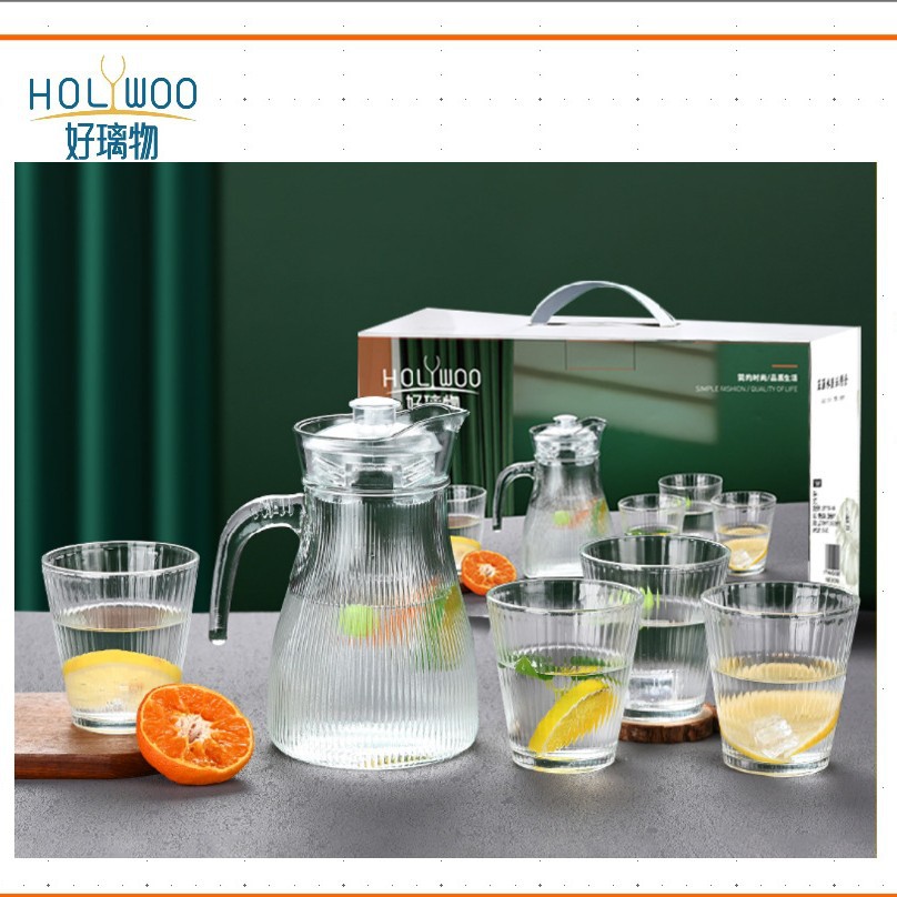Summer cold water jug and glass cup set for home use, thickened glass, large capacity, simple water cup and tea set, wholesale cold water jug