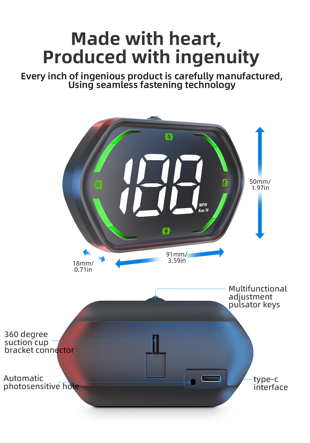 GPS car HUD head-up display with speed and over-speed warning, switchable between metric and imperial units, universal for all vehicles, G22