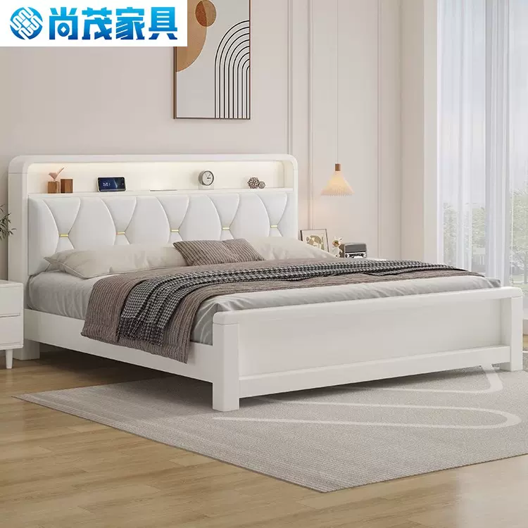 北欧实木床现代简约奶油风1.8米双人床轻奢主卧1.5米单人经济婚床