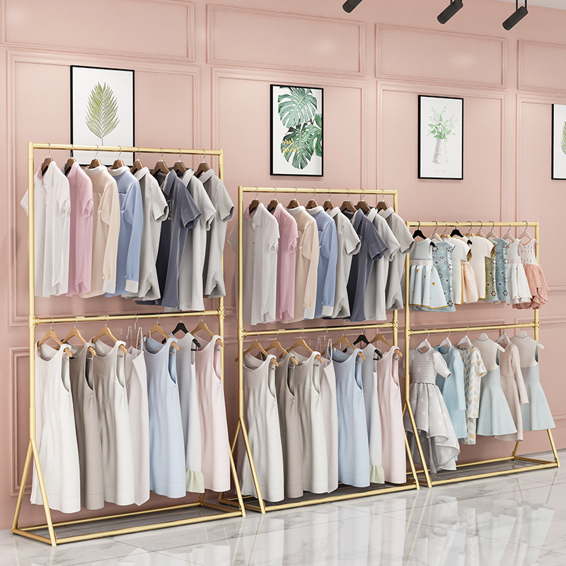金色服装店挂衣架童装店展示架双层男女装店衣架可升降调节服装架