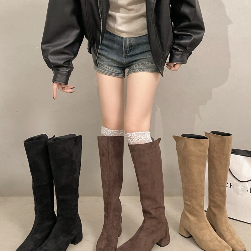 High-heeled suede western mid-length women's boots, 2026 new autumn and winter style, plush-lined pointed toe stacked long riding boots High-heeled suede western mid-length women's boots, 2026 new autumn and winter style, plush-lined pointed toe stacked long riding boots