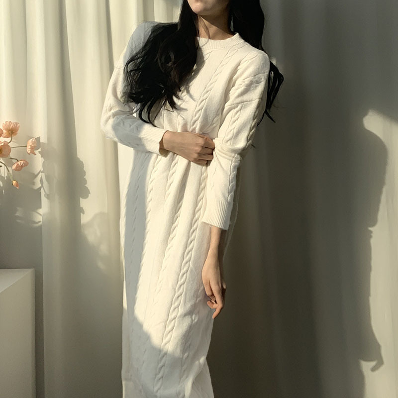 South Korea plus size Women's Sweater Autumn and Winter Loose Super Long Foreign Trade Korean Split Pit Long Straight dress Women