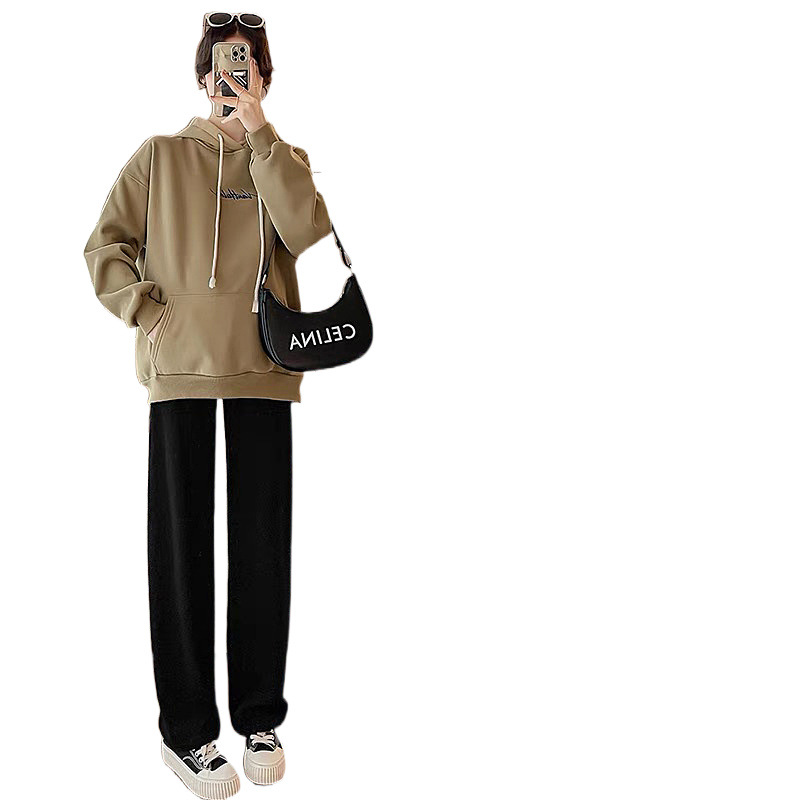 가을, 겨울용 임산부복, 벨벳과 두껍게 처리하여 따뜻함, 한국 스타일, 헐렁하고 배를 가릴 수 있는, 후드가 달린 긴 소매, 캐주얼한 아우터, 전체 세트