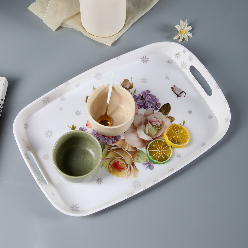 メラミンヨーロッパの家庭用プラスチックの透かし彫りの双耳は磁器のトレーのコーヒーの磐の上の料理のトレーのmelamine plateを真似します。|undefined