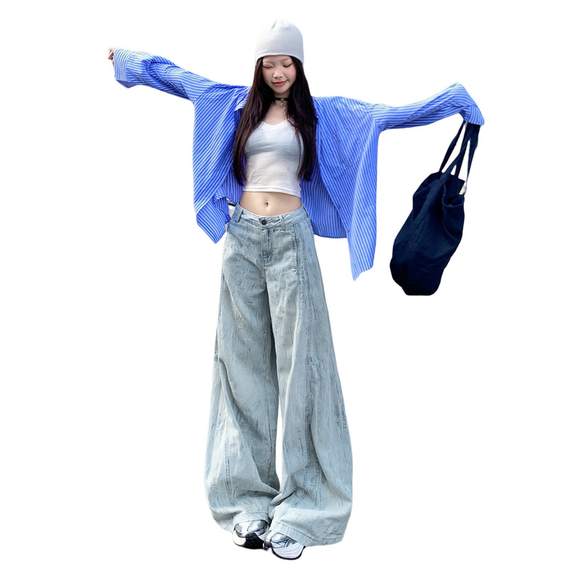 提花阔腿牛仔裤女2025年秋季新款直筒宽松高腰垂感显瘦百搭拖地裤|undefined