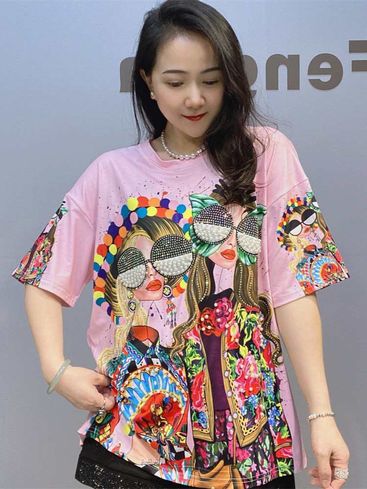 夏の新型丸襟プルオーバー半袖上着婦人服2025ファッション百合女装ホットドリルtシャツ